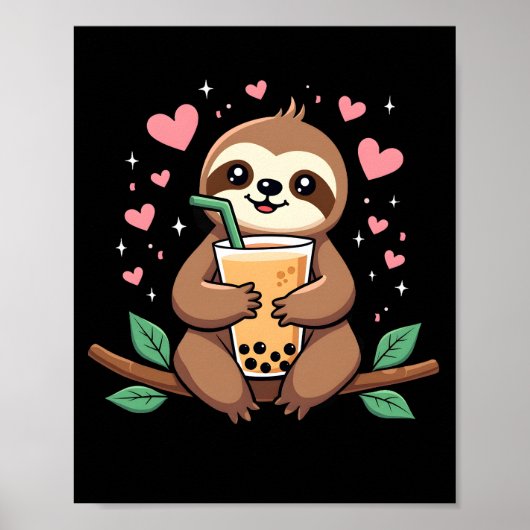 Cute Sloth Boba Bubble Milk Tea Kawaii Women Girls Poster (Voorkant)
