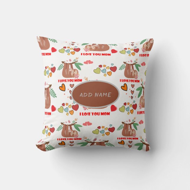 Cute Sloth Brown Pattern I love you mam Hearts Kussen (Voorkant)