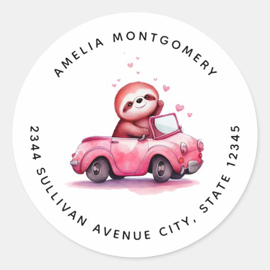 Cute Sloth Driving a Pink Convertible - Address Ronde Sticker (Voorkant)