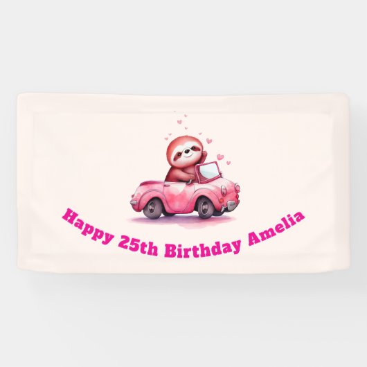 Cute Sloth Driving a Pink Convertible Birthday Spandoek (Horizontaal)