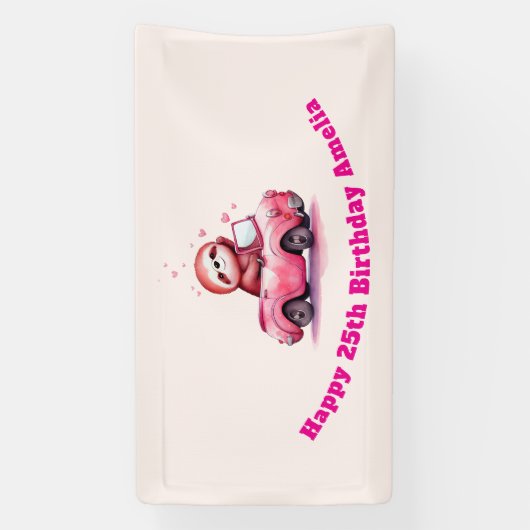 Cute Sloth Driving a Pink Convertible Birthday Spandoek (Verticaal)