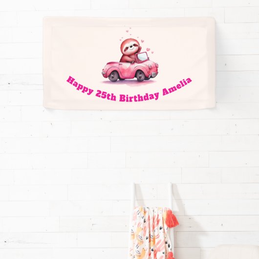 Cute Sloth Driving a Pink Convertible Birthday Spandoek (Insitu)