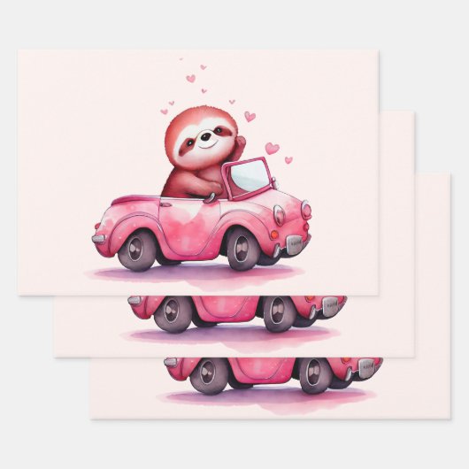 Cute Sloth Driving a Pink Convertible Inpakpapier Vel (Set)