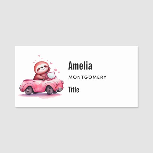 Cute Sloth Driving a Pink Convertible Naamplaatje (Voorkant)