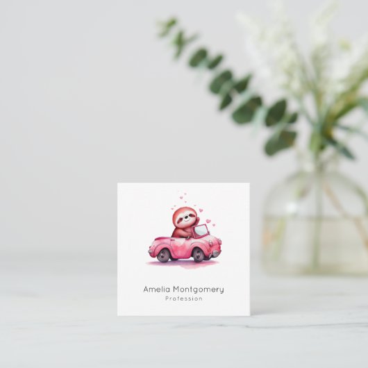 Cute Sloth Driving a Pink Convertible Vierkante Visitekaartje (Staand voorkant)