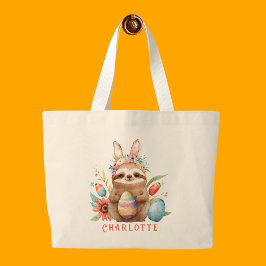 Cute Sloth Easter Bunny Rabbit Eggs Name Grote Tote Bag