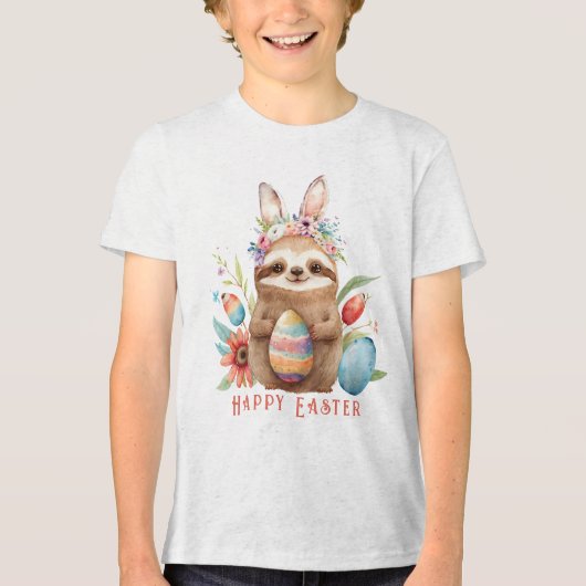 Cute Sloth Easter Bunny Rabbit Waterverf Eggs Tri-Blend Shirt (Voorkant)