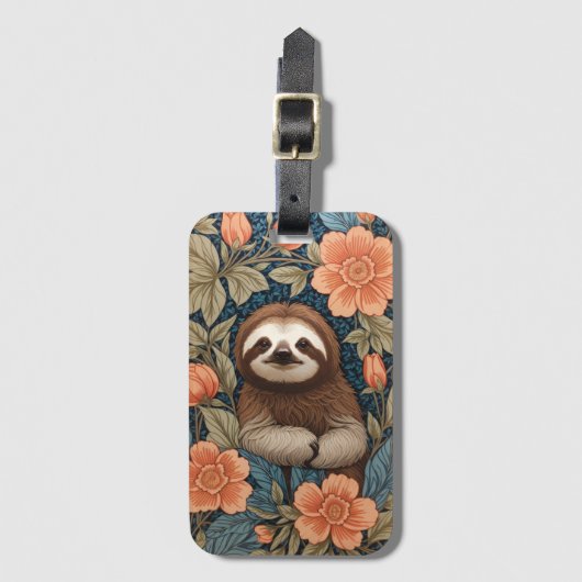 Cute Sloth Elegant Floral William Morris Inspired Bagagelabel (Voorkant (verticaal))