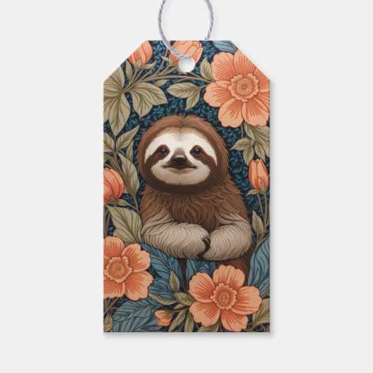 Cute Sloth Elegant Floral William Morris Inspired Cadeaulabel (Voorkant)