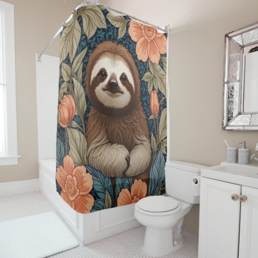 Cute Sloth Elegant Floral William Morris Inspired Douchegordijn (In situ)