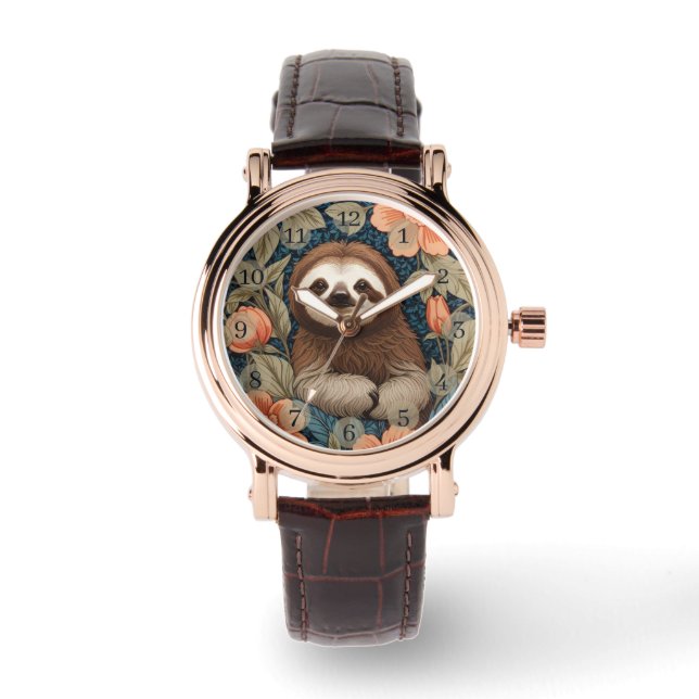 Cute Sloth Elegant Floral William Morris Inspired Horloge (Voorkant)
