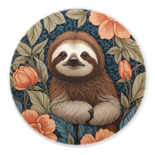 Cute Sloth Elegant Floral William Morris Inspired Keramische Knop (Voorkant)