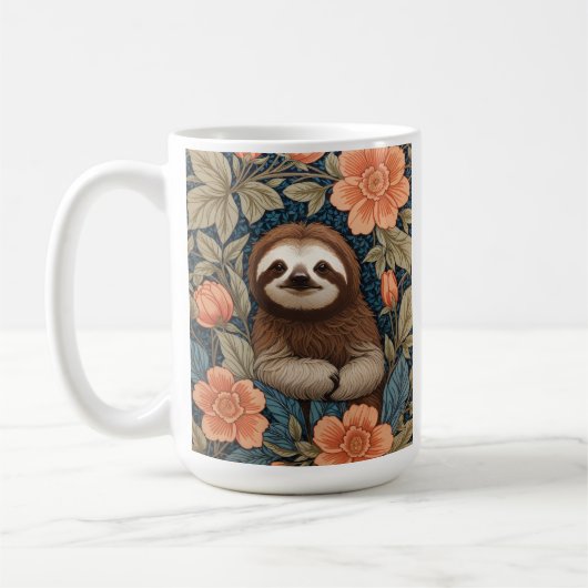 Cute Sloth Elegant Floral William Morris Inspired Koffiemok (Links)
