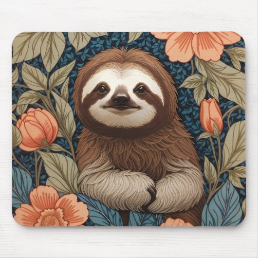 Cute Sloth Elegant Floral William Morris Inspired Muismat (Voorkant)