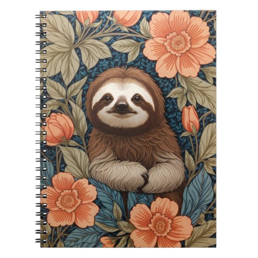 Cute Sloth Elegant Floral William Morris Inspired Notitieboek (Voorkant)