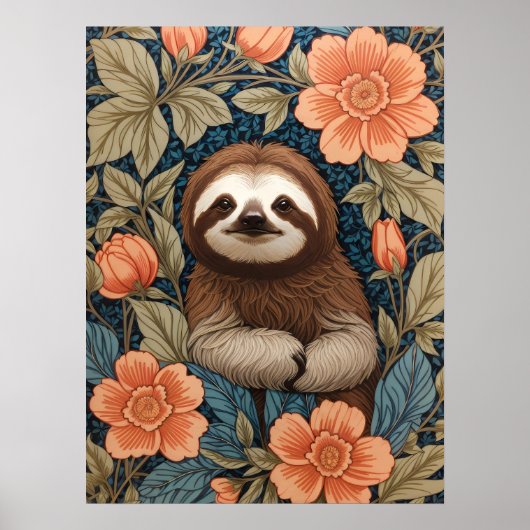 Cute Sloth Elegant Floral William Morris Inspired Poster (Voorkant)