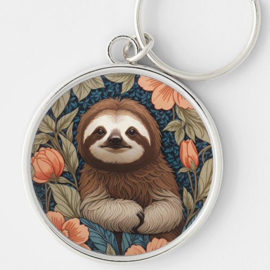 Cute Sloth Elegant Floral William Morris Inspired Sleutelhanger (Voorkant)