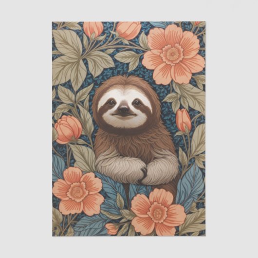 Cute Sloth Elegant Floral William Morris Inspired Tissuepapier (Voorkant)