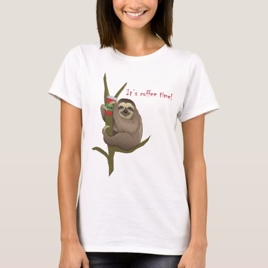 Cute Sloth Funny Cartoon met Koffiebeker T-shirt (Voorkant)