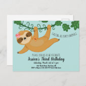 Cute Sloth Girls Birthday Party Invitation Briefkaart (Voorkant / Achterkant)