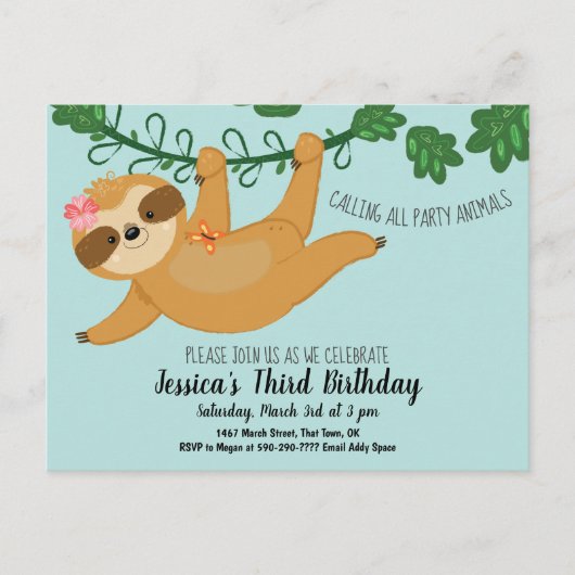 Cute Sloth Girls Birthday Party Invitation Briefkaart (Voorkant)