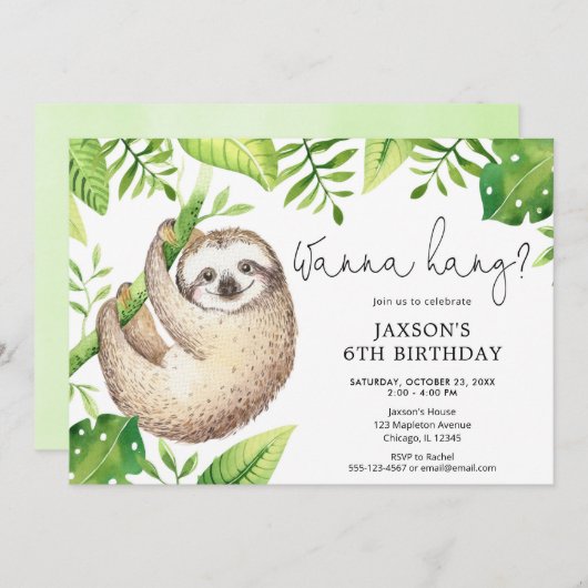 Cute sloth green leaves boy jarig feest kaart (Voorkant / Achterkant)