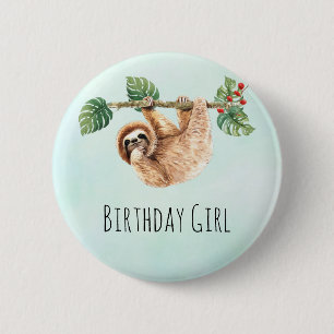 Cute Sloth Hanging Up Down Birthday Girl Ronde Button 5,7 Cm