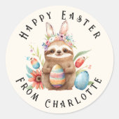 Cute Sloth Happy Paaster Bunny Rabbit Eggs Name Ronde Sticker (Voorkant)