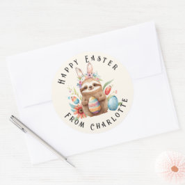 Cute Sloth Happy Paaster Bunny Rabbit Eggs Name Ronde Sticker