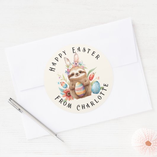 Cute Sloth Happy Paaster Bunny Rabbit Eggs Name Ronde Sticker (Envelop)