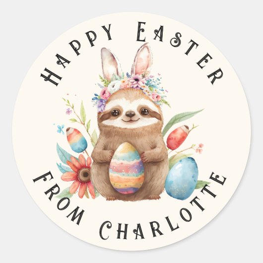 Cute Sloth Happy Paaster Bunny Rabbit Eggs Name Ronde Sticker (Voorkant)