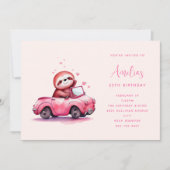 Cute Sloth in a Pink Convertible  Birthday Kaart (Voorkant)