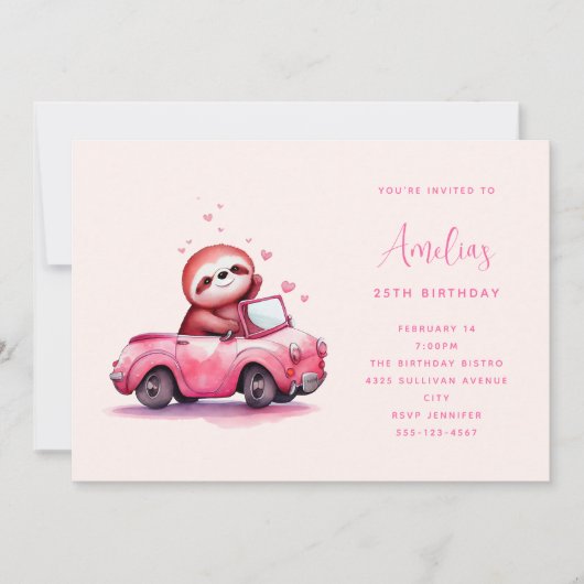 Cute Sloth in a Pink Convertible  Birthday Kaart (Voorkant)