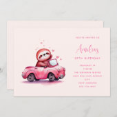 Cute Sloth in a Pink Convertible  Birthday Kaart (Voorkant / Achterkant)