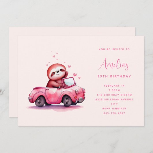 Cute Sloth in a Pink Convertible  Birthday Kaart (Voorkant / Achterkant)