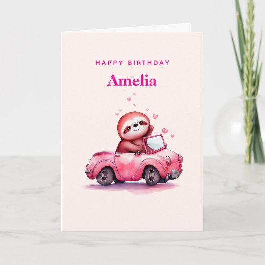 Cute Sloth in a Pink Convertible Birthday Kaart (Voorkant)