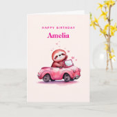 Cute Sloth in a Pink Convertible Birthday Kaart (Gele Bloem)