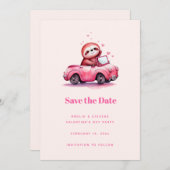 Cute Sloth in a Pink Convertible Save The Date (Voorkant / Achterkant)