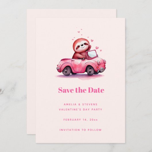 Cute Sloth in a Pink Convertible Save The Date (Voorkant / Achterkant)