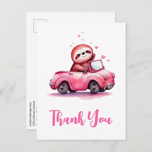 Cute Sloth in a Pink Convertible Thank You Briefkaart (Voorkant / Achterkant)