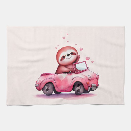 Cute Sloth in a Pink Convertible Theedoek (Horizontaal)