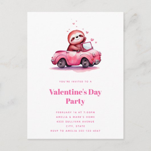 Cute Sloth in a Pink Convertible Uitnodiging Briefkaart (Voorkant)