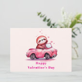 Cute Sloth in a Pink Convertible Valentine's Day Feestdagenkaart (Staand voorkant)