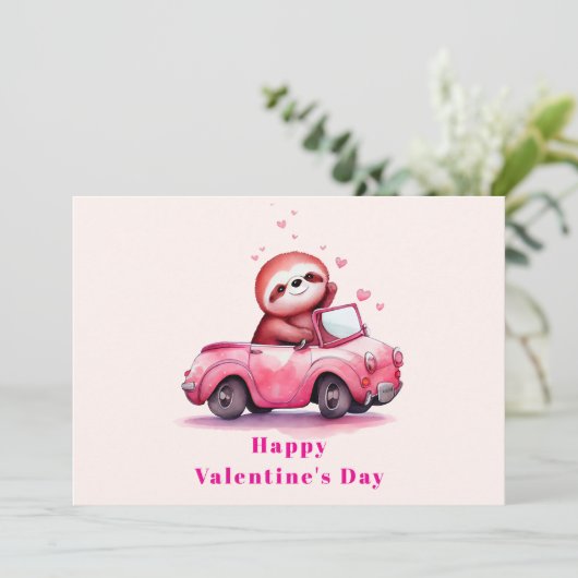 Cute Sloth in a Pink Convertible Valentine's Day Feestdagenkaart (Staand voorkant)