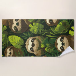 Cute Sloth Jungle Pattern – Green Leaf Design Strandlaken