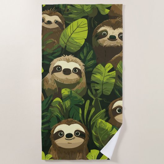 Cute Sloth Jungle Pattern – Green Leaf Design Strandlaken (Voorkant)