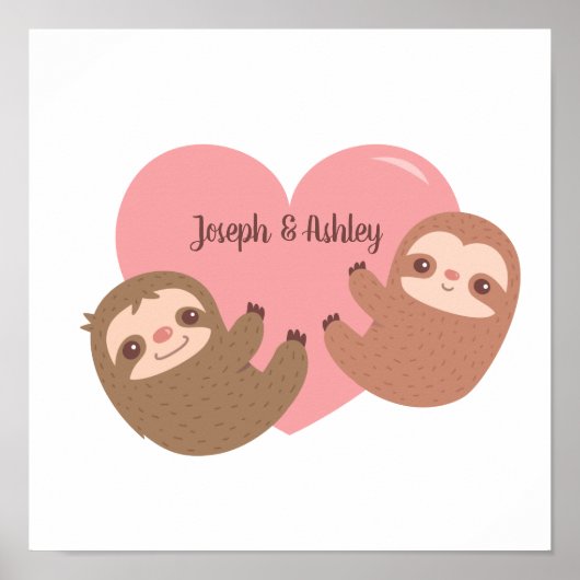 Cute Sloth Koppel Knuffelend Hart, Kamerdecoratie Poster (Voorkant)