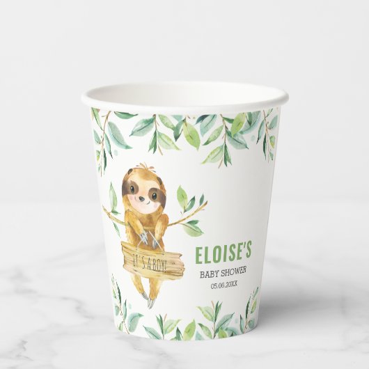 Cute Sloth Oerwoud Greenery Boy Baby shower Papieren Bekers (Achterkant)