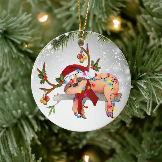 Cute Sloth Oerwoud Wildlife Animal Santa Hat Keramisch Ornament (Boom)