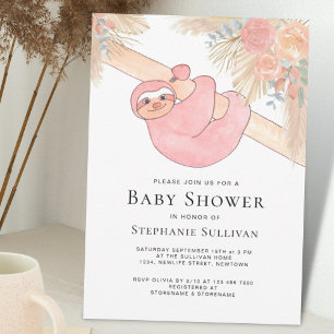 Cute Sloth Pampas Grass Girl's Baby shower Kaart